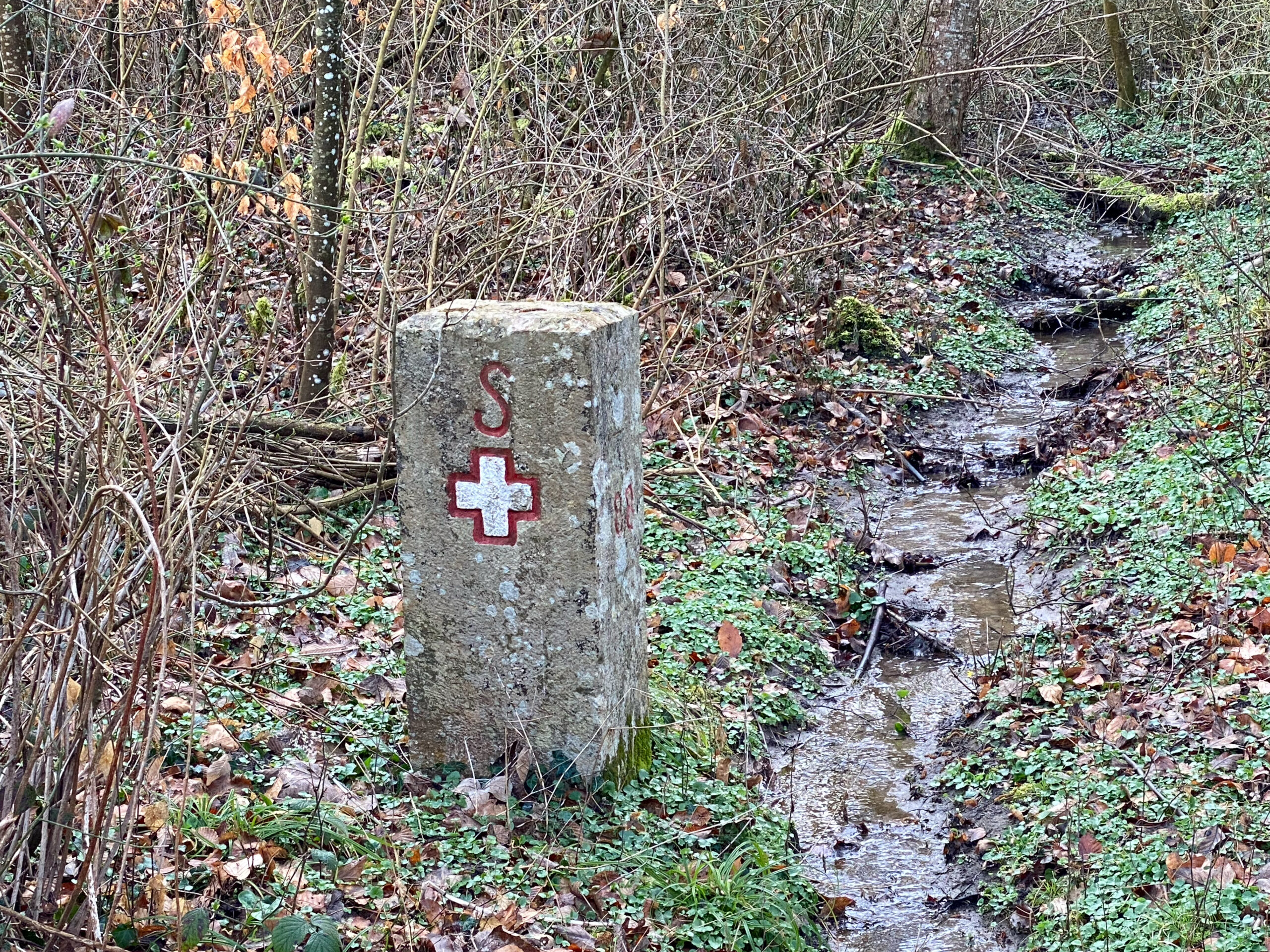 Rodersdorf Grenzkulturweg Grenzstein am Wasserlauf_Sebastian Juengel